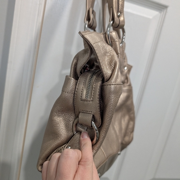 Tignanelle Metallic Gold Pebble Leather Double Handle with Zipper Shoulder Bag - Picture 8 of 13